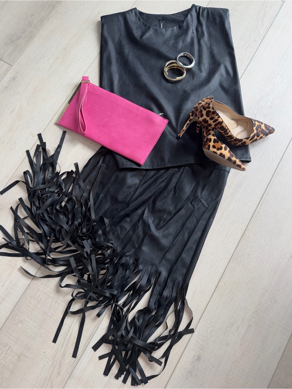 Fringe Hem Black Faux Leather Midi Skirt - Black Set